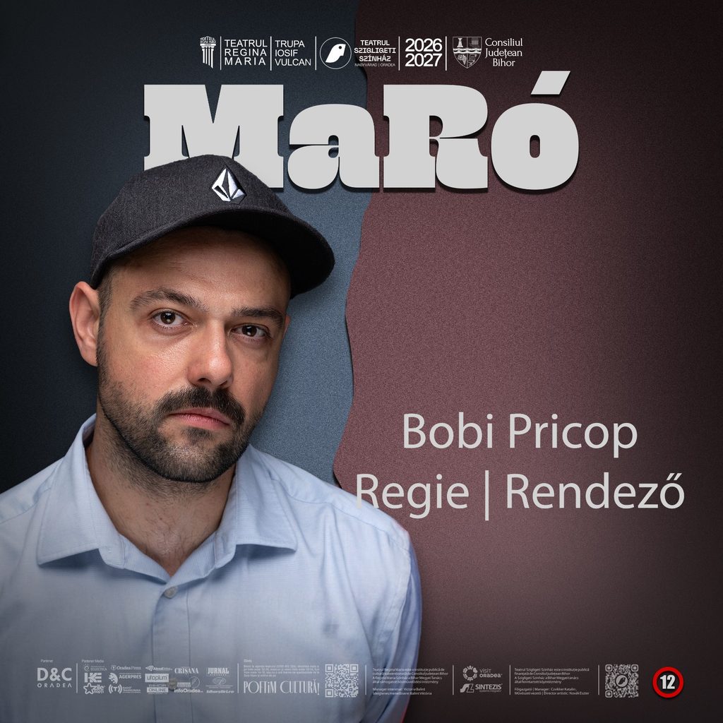 Bobi Pricop - Teatrul Regina Maria Oradea Portrait-style poster featuring a man in a cap and light shirt on the left, with large white text reading 'MaRó' across a dark gradient background and small sponsor logos along the bottom edge.