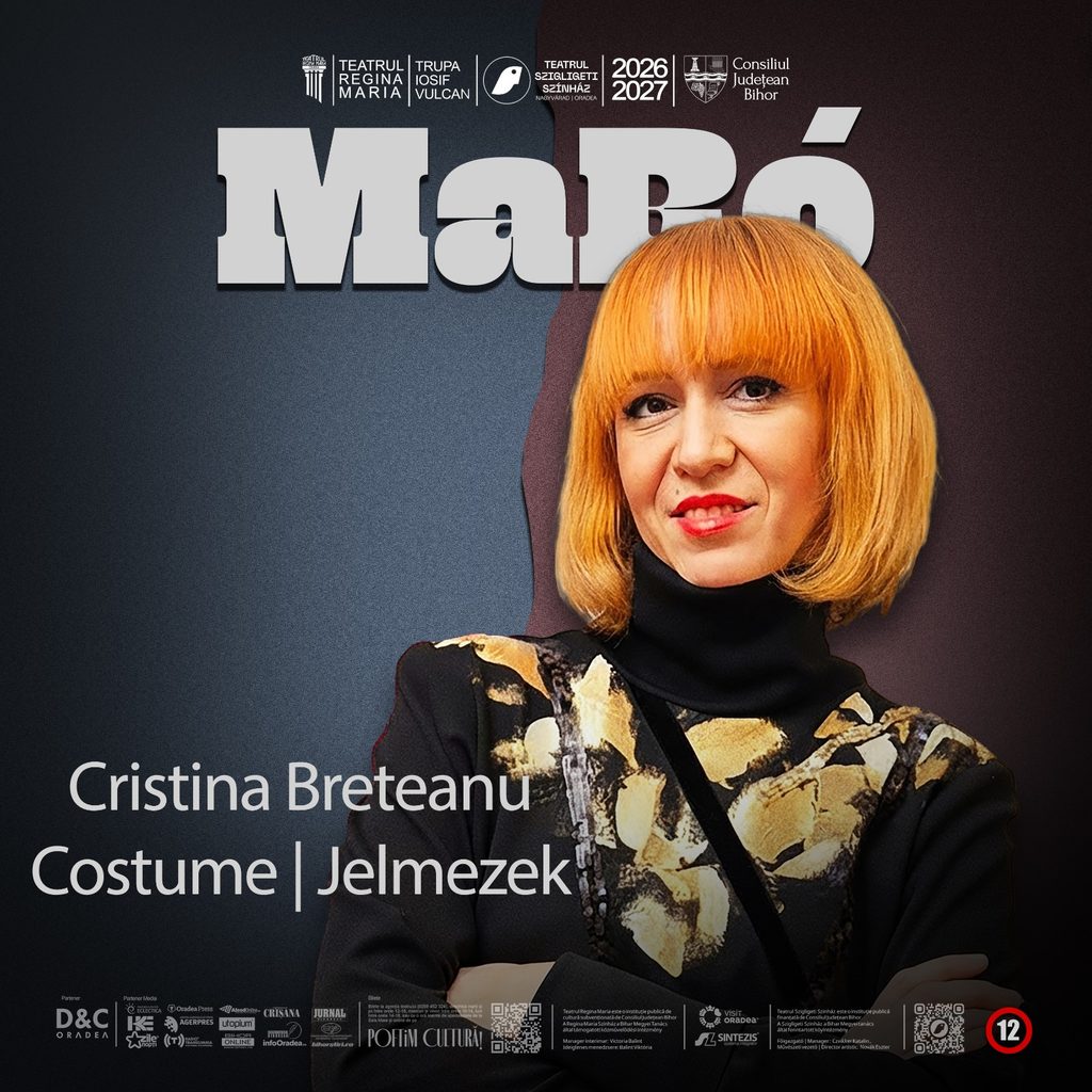 Cristina - Teatrul Regina Maria Oradea Poster advertising Cristina Breteanu—Costume | Jelmezek, featuring her portrait on a dark background with logos along the top edge.