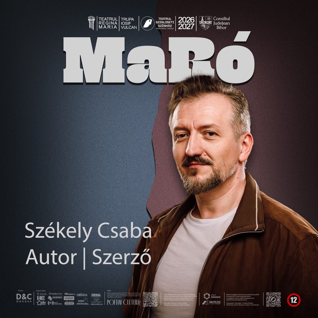 Csekely Autor - Teatrul Regina Maria Oradea Promotional poster with a man in a brown jacket on the right, large light-gray title text at the top and the author name Székely Csaba at the bottom left (Autor | Szerző).