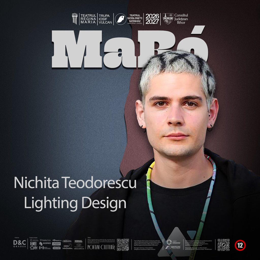 Lighting Design - Teatrul Regina Maria Oradea Portrait of Nichita Teodorescu, lighting designer, on a dark gradient poster with sponsor logos in the background.