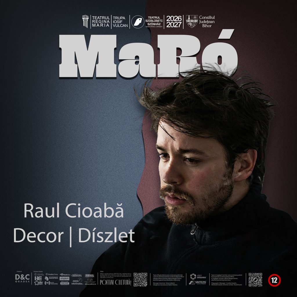 Raul - Teatrul Regina Maria Oradea Theatrical poster with a close-up of a man's head on the right, a split dark blue/maroon background, and large pale title text across the top with sponsor logos along the bottom.