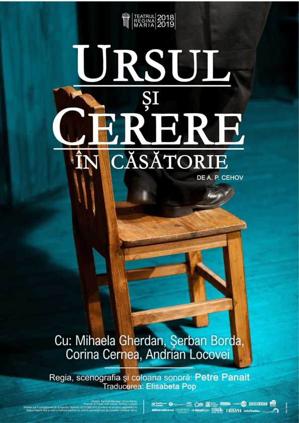 Poster for a theater show featuring a man in black pants stepping on a wooden chair; large white Romanian title 'BEAR AND MARRIAGE REQUEST' dominates the image with credits at the bottom.
