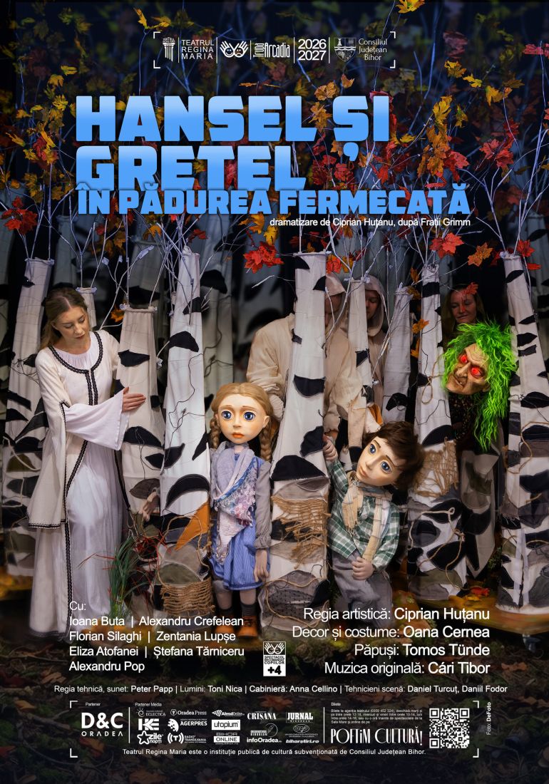 Poster for the theater production ‘Hansel și Gretel în pădurea fermecată’ featuring actors and puppets in white costumes among white-branch props with autumn leaves, suggesting a magical forest setting.
