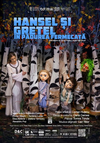 Poster for the theater production ‘Hansel și Gretel în pădurea fermecată’ featuring actors and puppets in white costumes among white-branch props with autumn leaves, suggesting a magical forest setting.