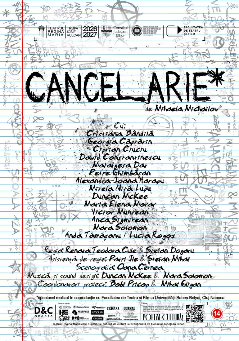 Poster for a theater performance titled 'GANGEL ARE' by Mihaela Michailov, with a list of cast members, on a blue notebook-paper background filled with doodles and sponsor logos along the top.