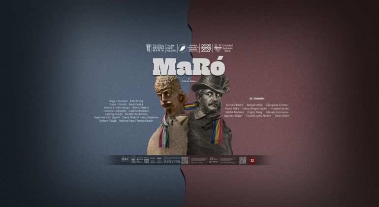 Theatrical poster for a show titled MaRó featuring two stone statues with scarves, against a split blue and burgundy background.
