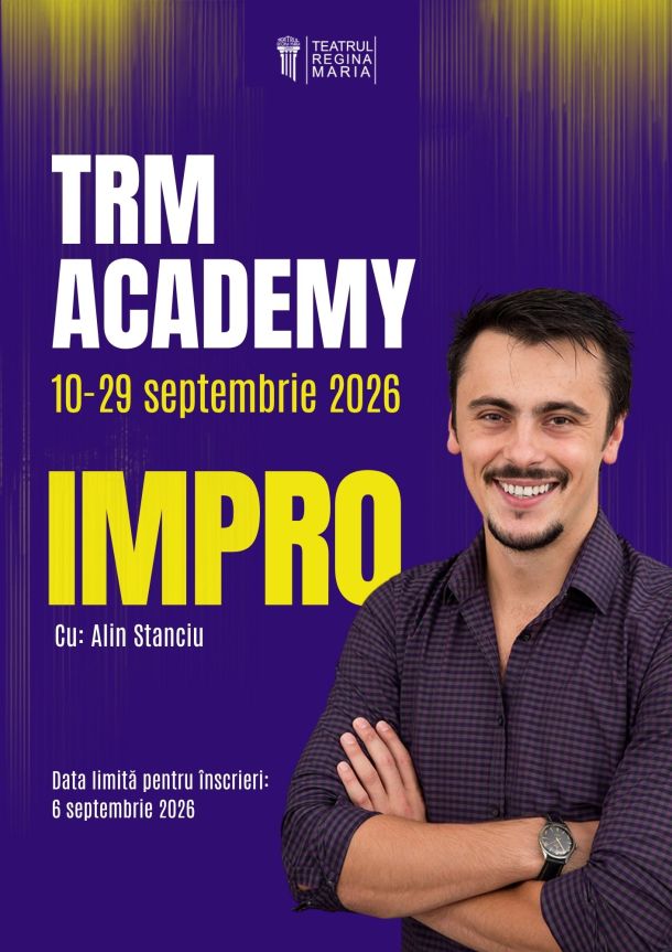 Promotional poster for TRM Academy Improv, Sept 10–29, 2026, showing a smiling man on the right against a purple background with yellow text.