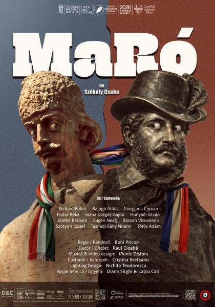 Theater poster showing two classical busts wearing multicolored scarves against a split blue and brown background with a large white title at the top.