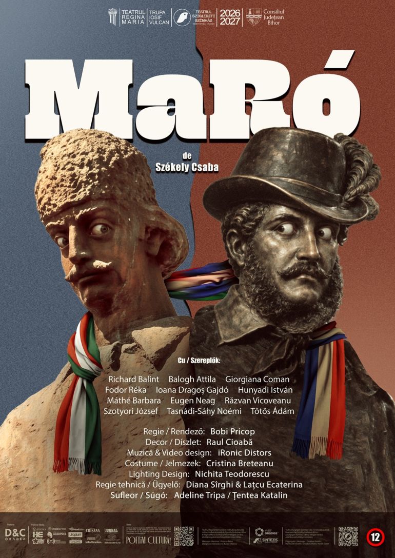 Theater poster featuring two sculpted busts wearing colorful scarves against a blue/brown split backdrop, with large title and credits above and below.