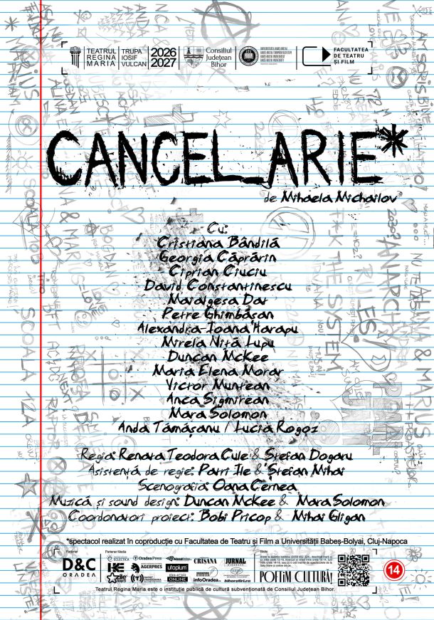 Poster for a theater performance titled 'GANGEL ARE' by Mihaela Michailov, with a list of cast members, on a blue notebook-paper background filled with doodles and sponsor logos along the top.