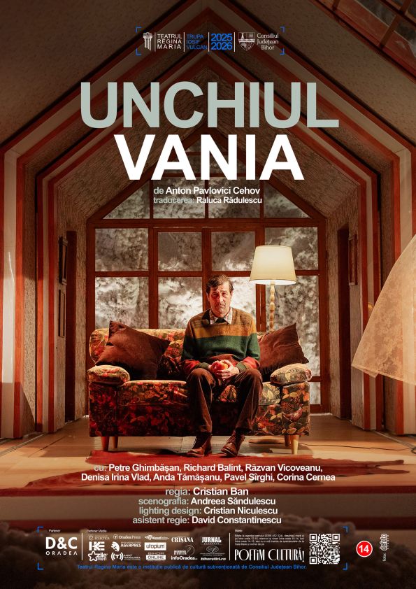 Poster for the play Unchiul Vania featuring a man seated on a floral couch in a warm, wood-paneled living room.
