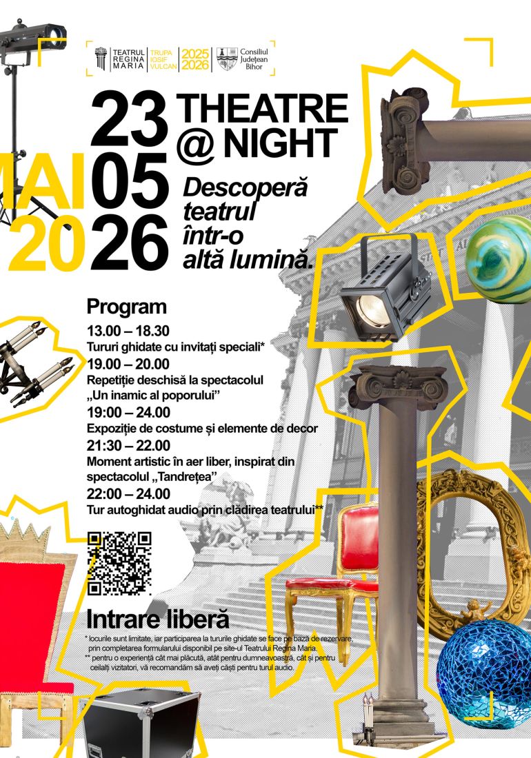 Poster for 23 Theatre @ Night festival with dates 05–26 and decorative yellow frames, theatre props, and a QR code.