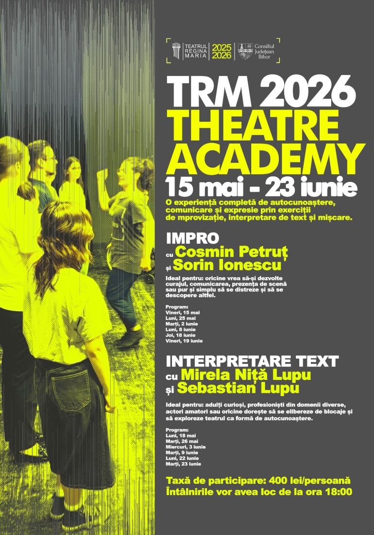 TRM 2026 Theatre Academy poster: bold white and yellow text on gray, dates May 15–June 23, with a yellow-tinted group photo on the left.
